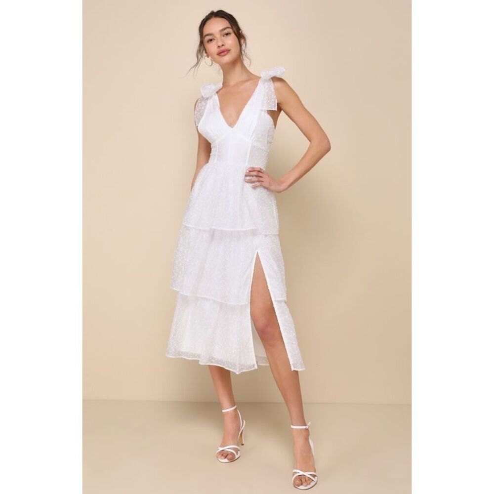 Lulus Blissful Direction White Tie-Strap Clip Dot Bustier Midi Dress